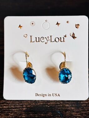 Gold Tone Blue Crystal Dangle‎ Earrings